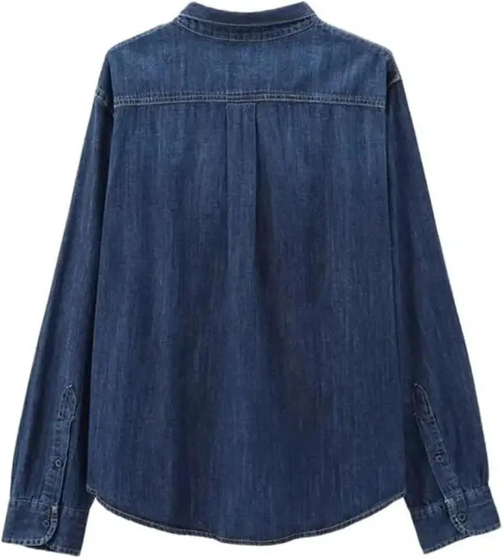 Long Sleeve Denim Shirts for Women Spring Fashion Bow Collar Button-Up Patch Pocket Blouses Tops