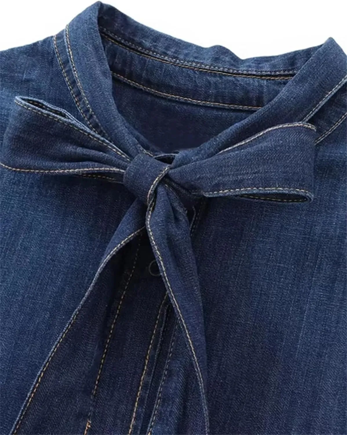 Long Sleeve Denim Shirts for Women Spring Fashion Bow Collar Button-Up Patch Pocket Blouses Tops