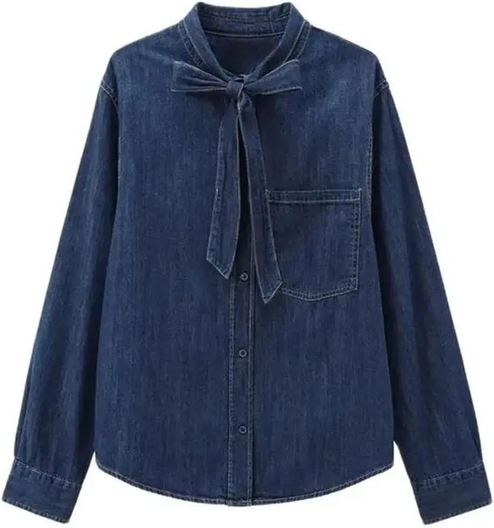 Long Sleeve Denim Shirts for Women Spring Fashion Bow Collar Button-Up Patch Pocket Blouses Tops