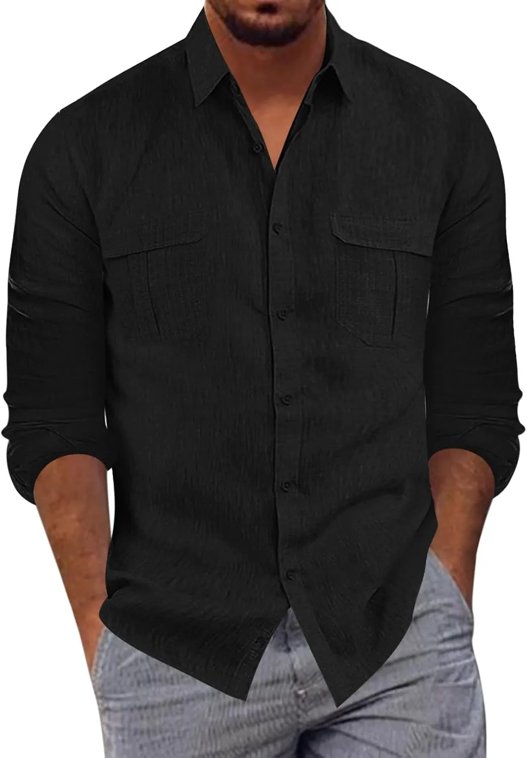 Long Sleeve Shirt Men Lapel Cotton Solid Color Pocket Long Sleeve Shirt Top Long Sleeve Shirt Mens Casual Shirts