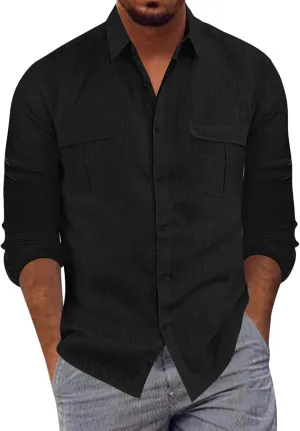 Long Sleeve Shirt Men Lapel Cotton Solid Color Pocket Long Sleeve Shirt Top Long Sleeve Shirt Mens Casual Shirts