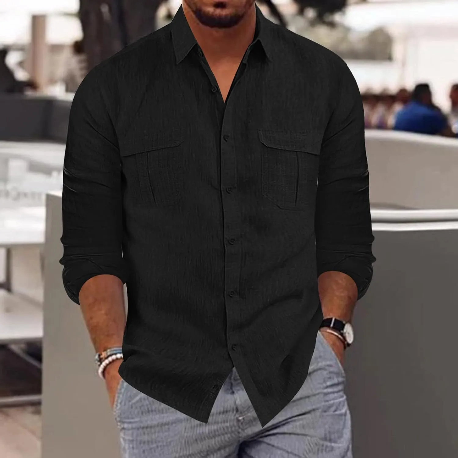 Long Sleeve Shirt Men Lapel Cotton Solid Color Pocket Long Sleeve Shirt Top Long Sleeve Shirt Mens Casual Shirts