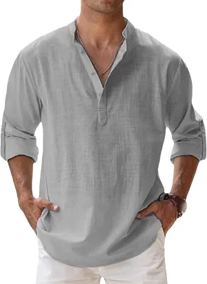 Maiyifu-GJ Men's Linen Stand Collar Long Sleeve Shirt Cotton Hippie Beach Breathable T Shirt Casual Lightweight Loose Shirt