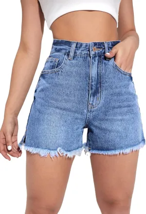 MakeMeChic Women's Jean Shorts High Waisted Frayed Hem Split Denim Shorts