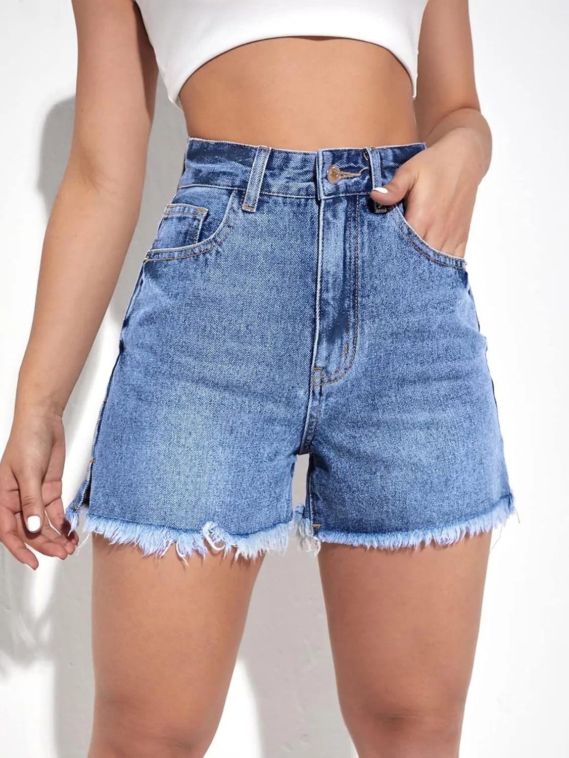 MakeMeChic Women's Jean Shorts High Waisted Frayed Hem Split Denim Shorts