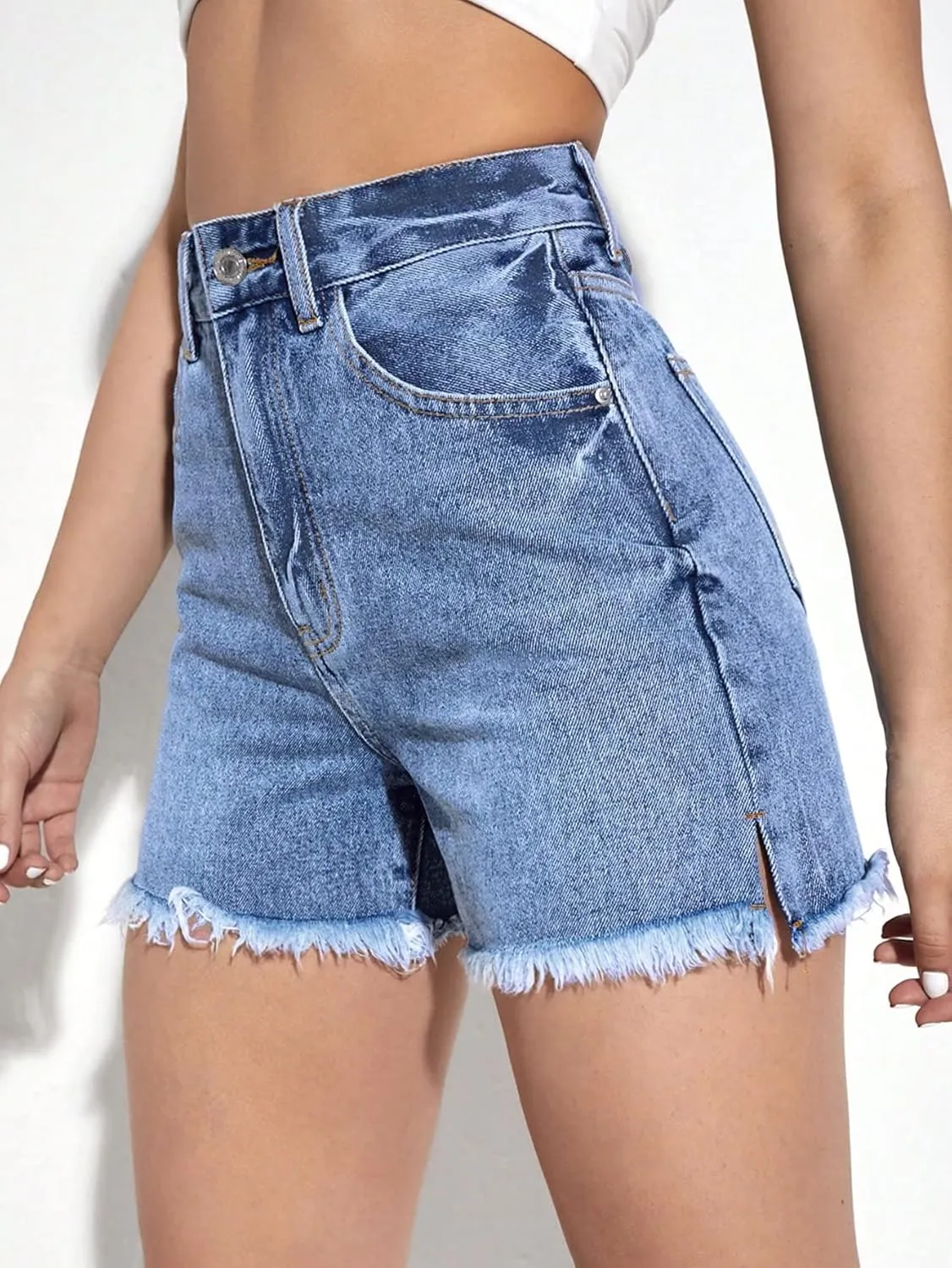 MakeMeChic Women's Jean Shorts High Waisted Frayed Hem Split Denim Shorts