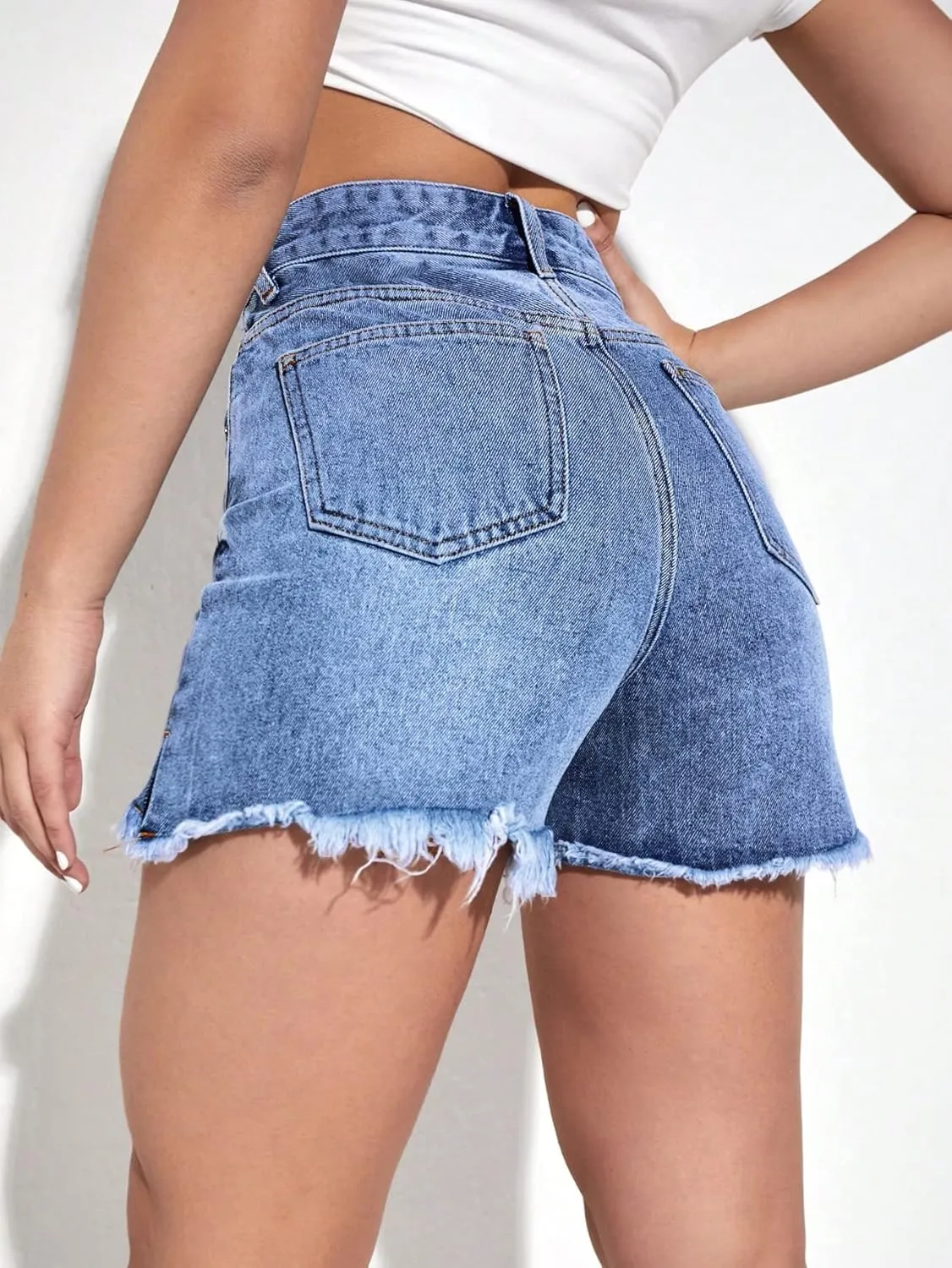 MakeMeChic Women's Jean Shorts High Waisted Frayed Hem Split Denim Shorts