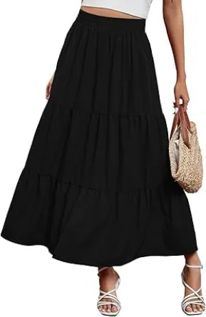 Maxi Skirt for Women Summer Elegant Boho Elastic Layered Tiered Long Skirt High Waisted A Line Flowy Beach Dress