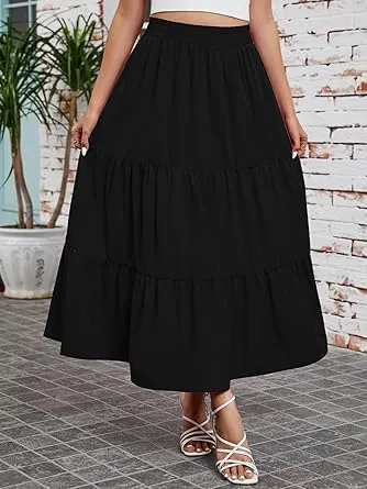 Maxi Skirt for Women Summer Elegant Boho Elastic Layered Tiered Long Skirt High Waisted A Line Flowy Beach Dress