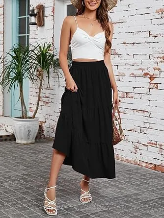 Maxi Skirt for Women Summer Elegant Boho Elastic Layered Tiered Long Skirt High Waisted A Line Flowy Beach Dress
