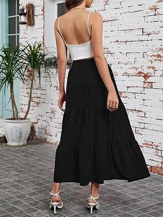 Maxi Skirt for Women Summer Elegant Boho Elastic Layered Tiered Long Skirt High Waisted A Line Flowy Beach Dress
