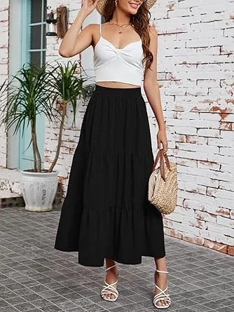 Maxi Skirt for Women Summer Elegant Boho Elastic Layered Tiered Long Skirt High Waisted A Line Flowy Beach Dress