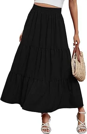Maxi Skirt for Women Summer Elegant Boho Elastic Layered Tiered Long Skirt High Waisted A Line Flowy Beach Dress