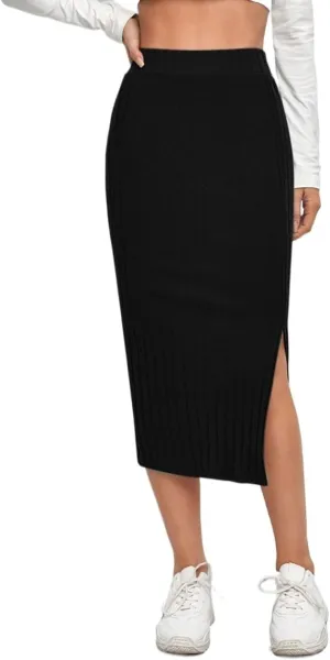Maxi Skirts for Women Slit Hem Rib-Knit Pencil Skirt
