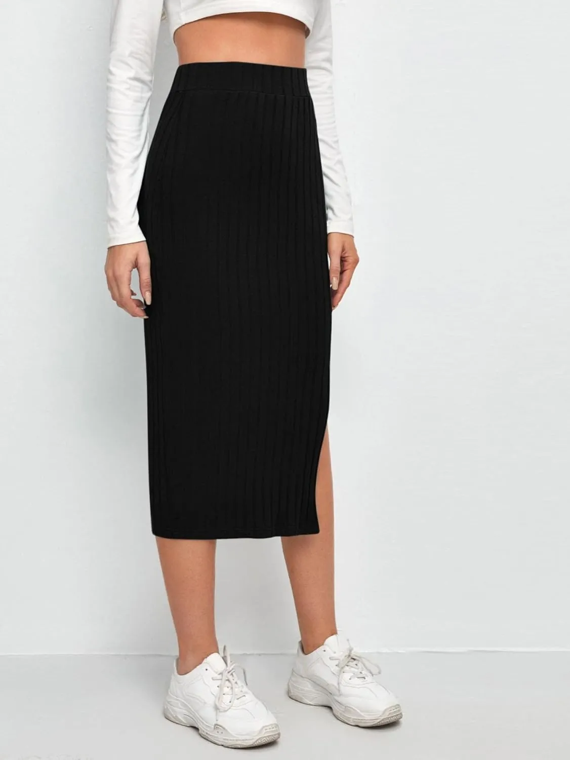 Maxi Skirts for Women Slit Hem Rib-Knit Pencil Skirt