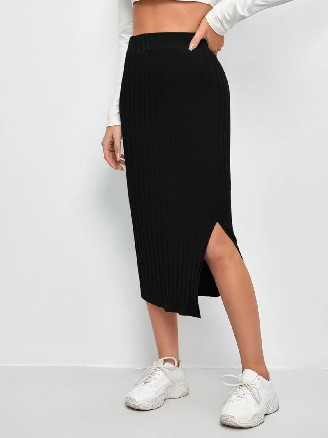 Maxi Skirts for Women Slit Hem Rib-Knit Pencil Skirt