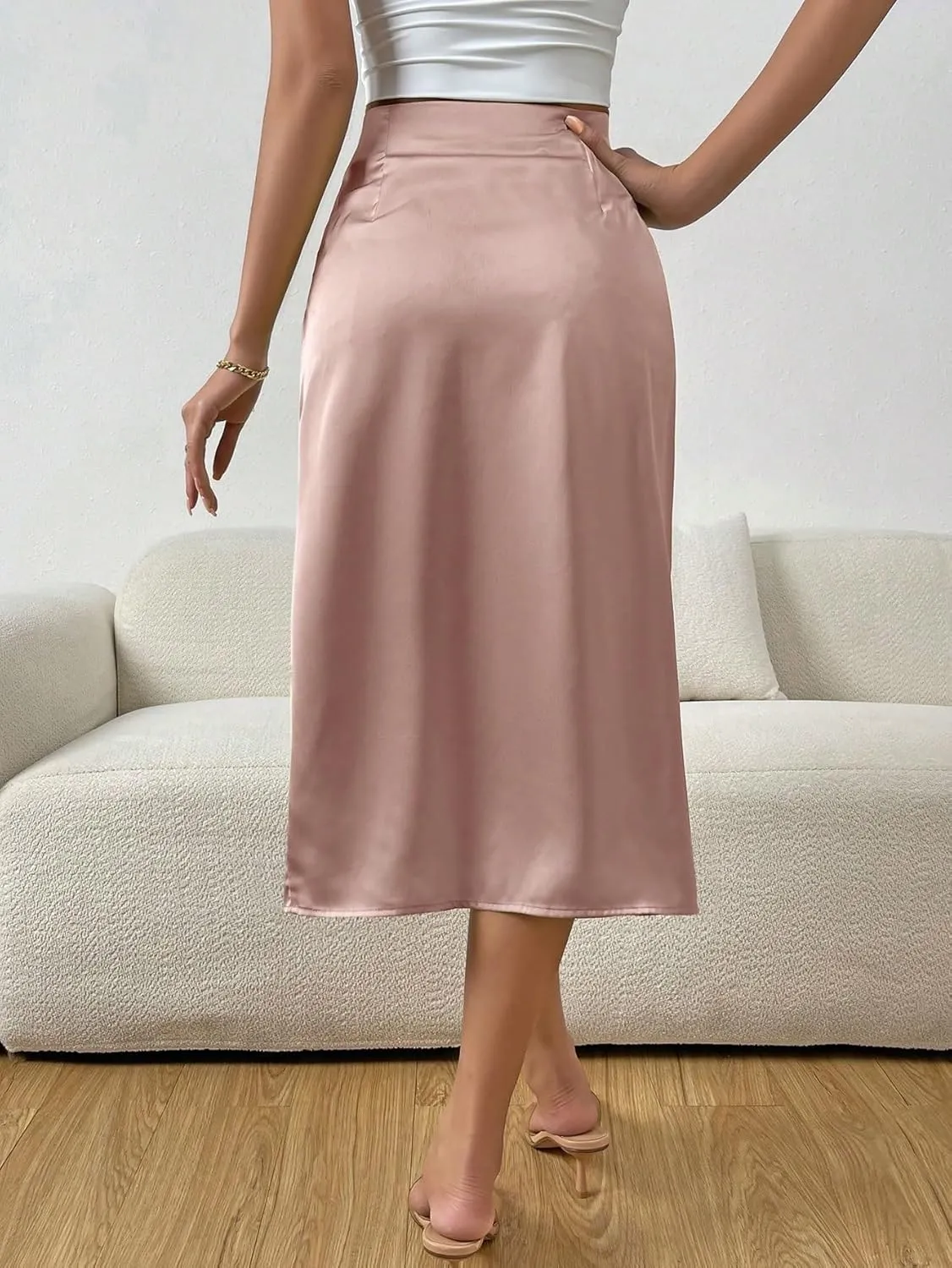 Maxi Skirts for Women Solid Color Pleated High Slit Casual Skirt Satin