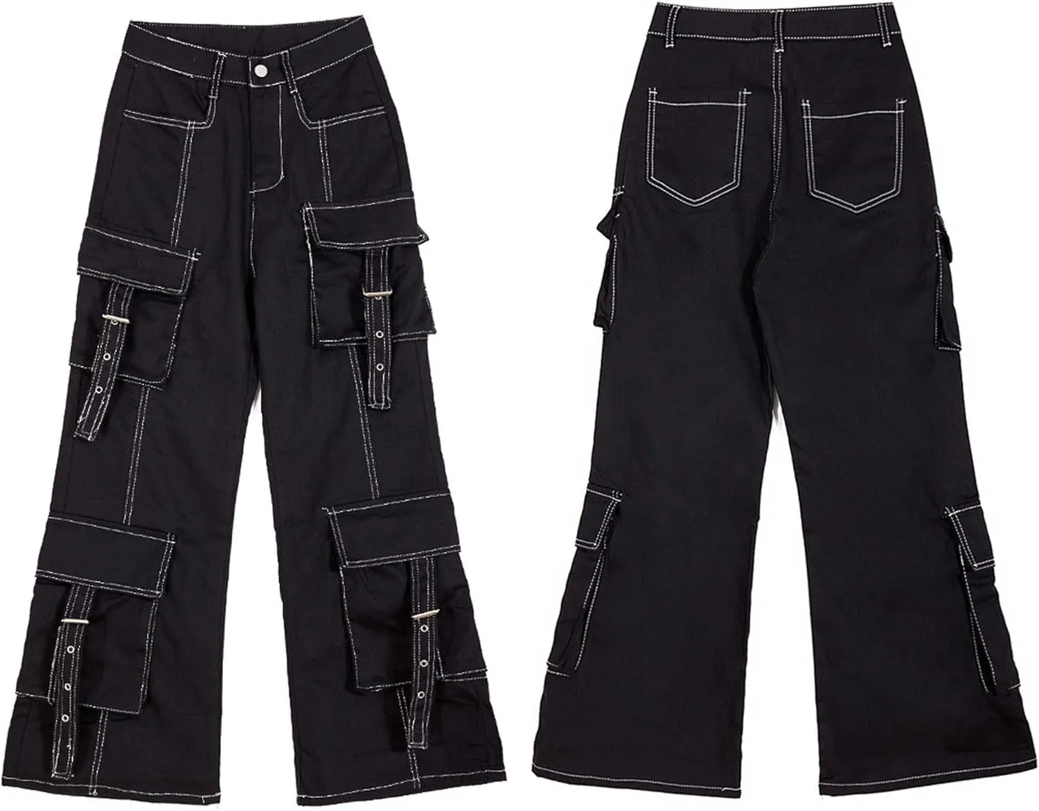 MEINVQIAOTI Functional Cowboy Cargo Pants Women Ribbon Multi-Pocket Gothic Baggy Cargo Pants