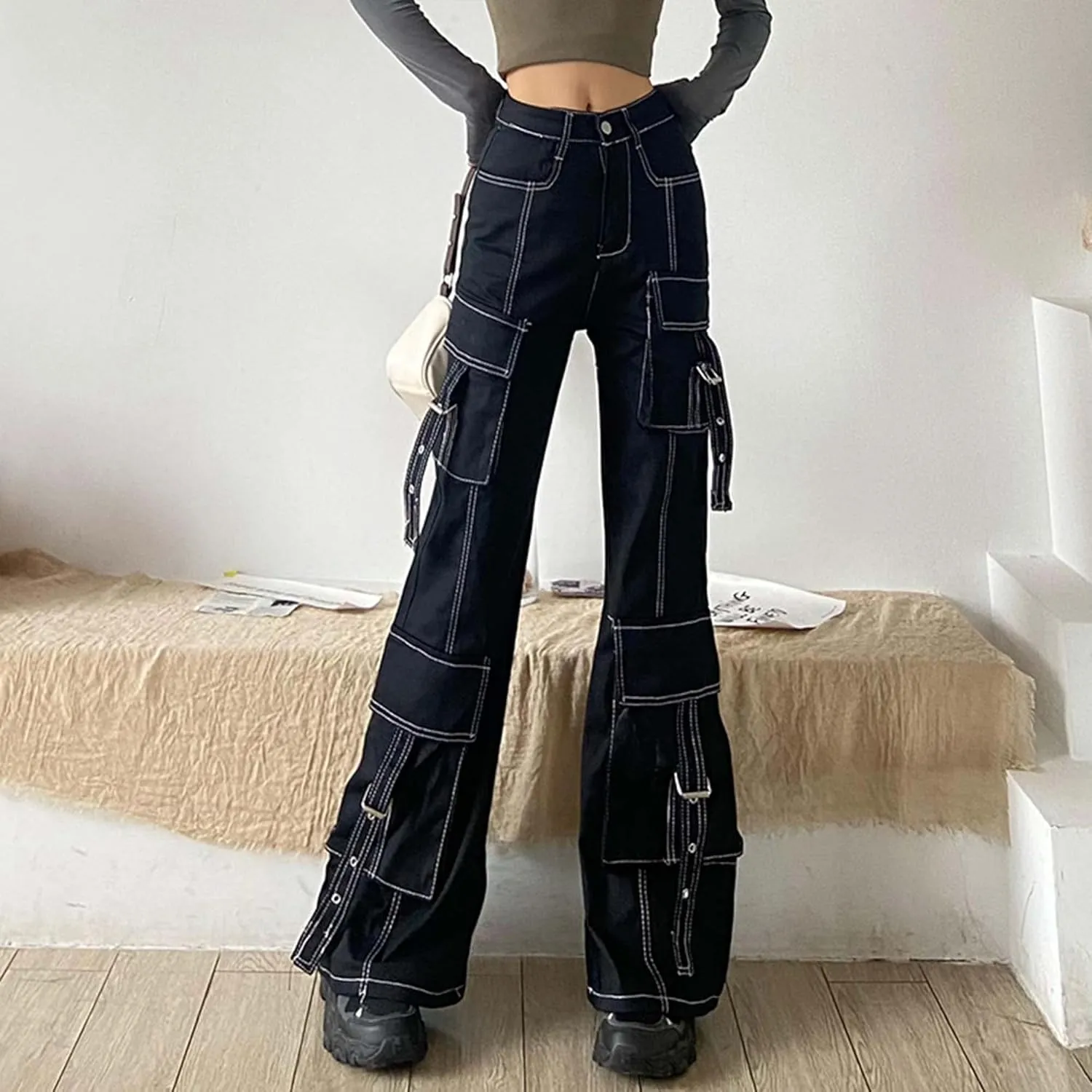 MEINVQIAOTI Functional Cowboy Cargo Pants Women Ribbon Multi-Pocket Gothic Baggy Cargo Pants
