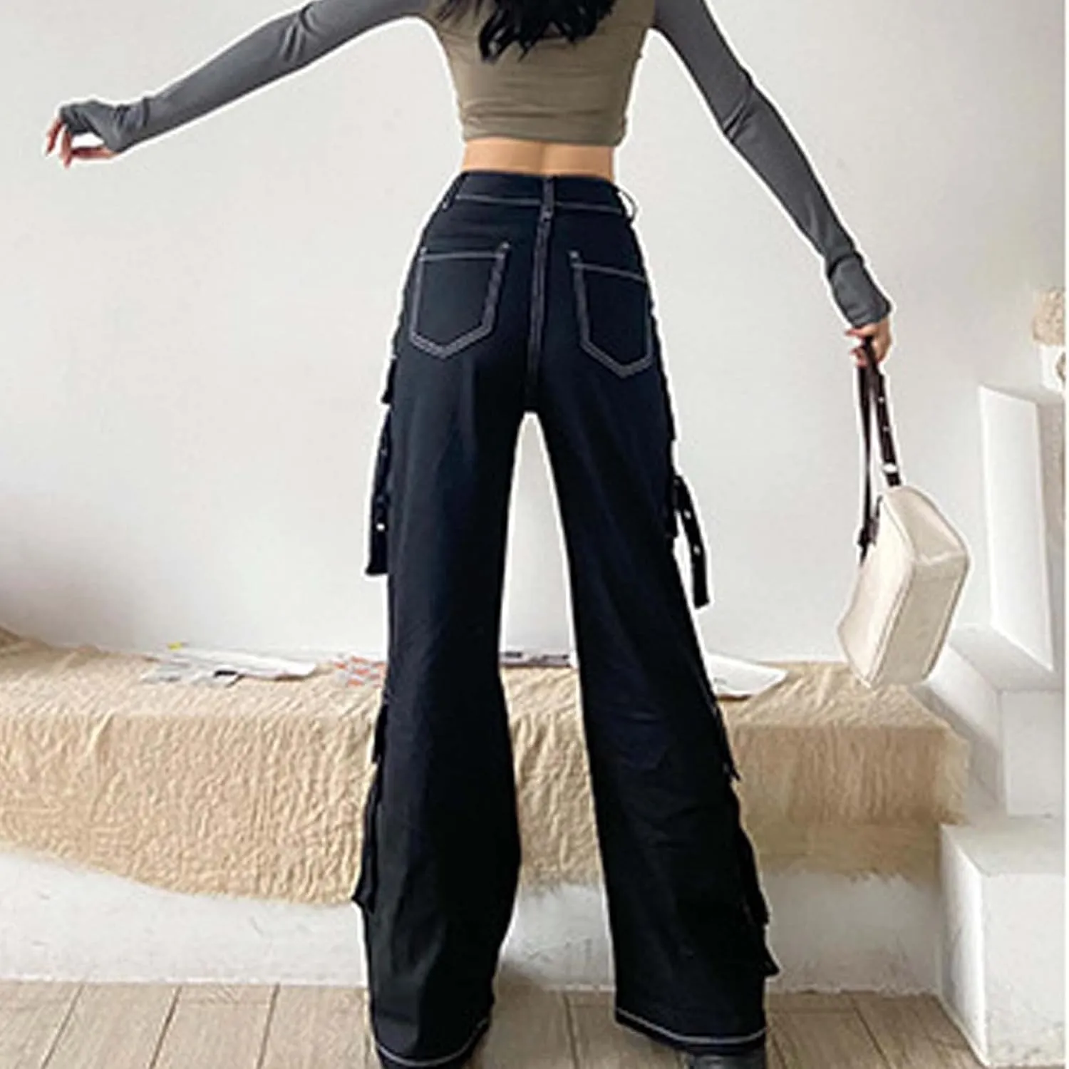 MEINVQIAOTI Functional Cowboy Cargo Pants Women Ribbon Multi-Pocket Gothic Baggy Cargo Pants