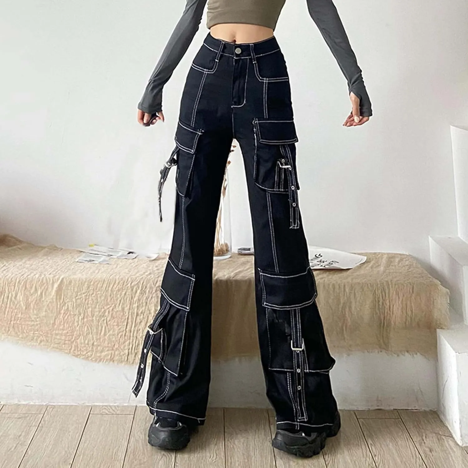 MEINVQIAOTI Functional Cowboy Cargo Pants Women Ribbon Multi-Pocket Gothic Baggy Cargo Pants