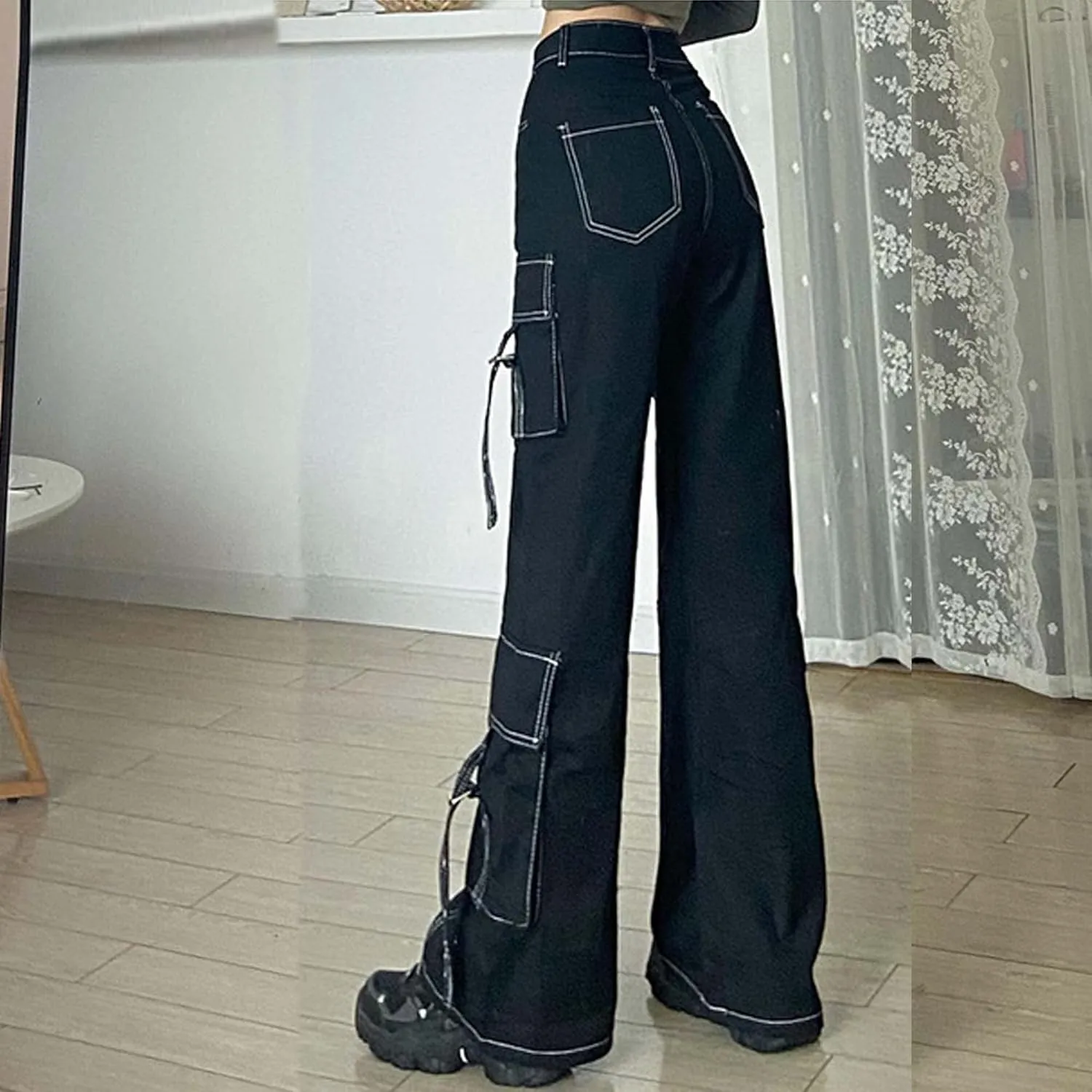 MEINVQIAOTI Functional Cowboy Cargo Pants Women Ribbon Multi-Pocket Gothic Baggy Cargo Pants