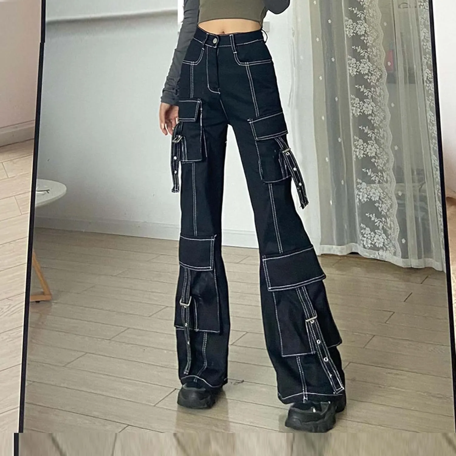 MEINVQIAOTI Functional Cowboy Cargo Pants Women Ribbon Multi-Pocket Gothic Baggy Cargo Pants