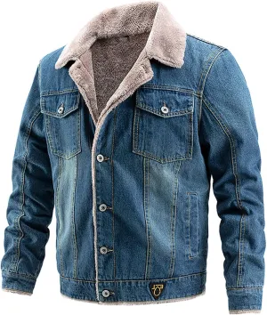 Men Sherpa Trucker Jacket Warm Fleece Lined Thick Denim Coat Oversize Fuzzy Turn Down Collar Button Winter Outerwear