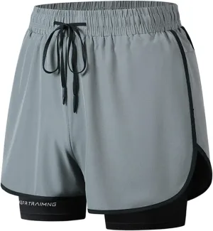 Men Workout Shorts 2 in 1 Running Short Summer Drawstring Elastic Athletic Pants with Liner and Zip Pockets