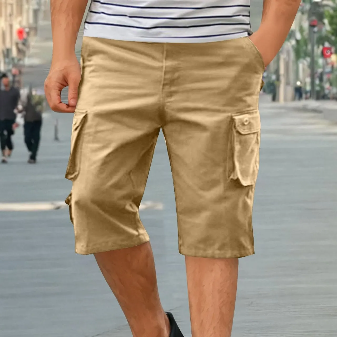 Men's Athletic Gym Cargo Shorts Plus Size Solid Outdoor Wear Resistance Short with Multiple Pockets Knee Length Short