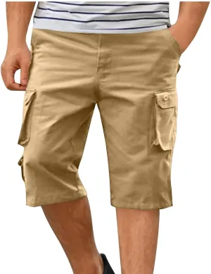 Men's Athletic Gym Cargo Shorts Plus Size Solid Outdoor Wear Resistance Short with Multiple Pockets Knee Length Short