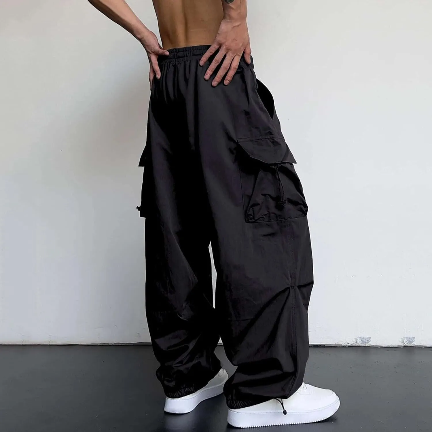 Mens Baggy Cargo Pants Loose Fit Trendy Multi Pocket Parachute Pants Elastic Waist Drawstring Streetwear Trousers