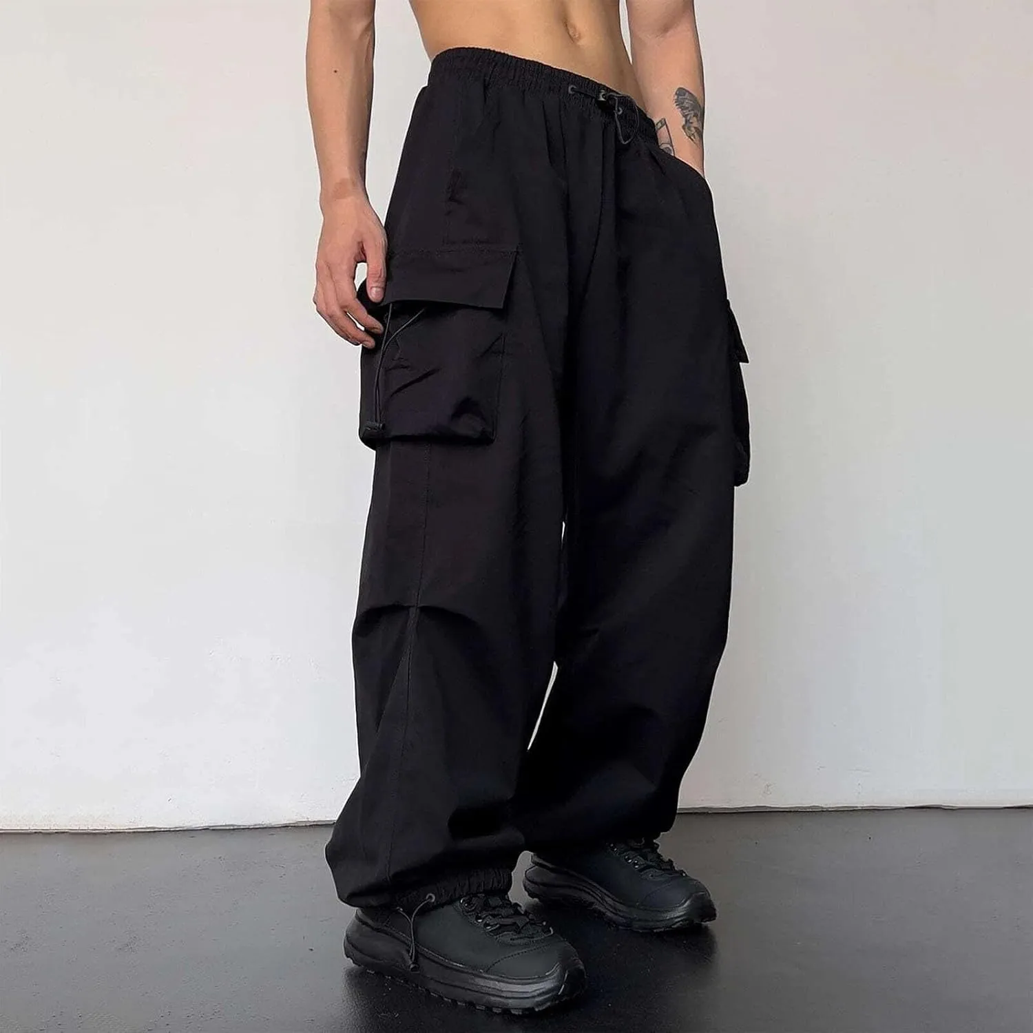 Mens Baggy Cargo Pants Loose Fit Trendy Multi Pocket Parachute Pants Elastic Waist Drawstring Streetwear Trousers