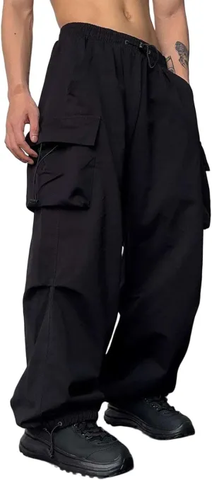 Mens Baggy Cargo Pants Loose Fit Trendy Multi Pocket Parachute Pants Elastic Waist Drawstring Streetwear Trousers