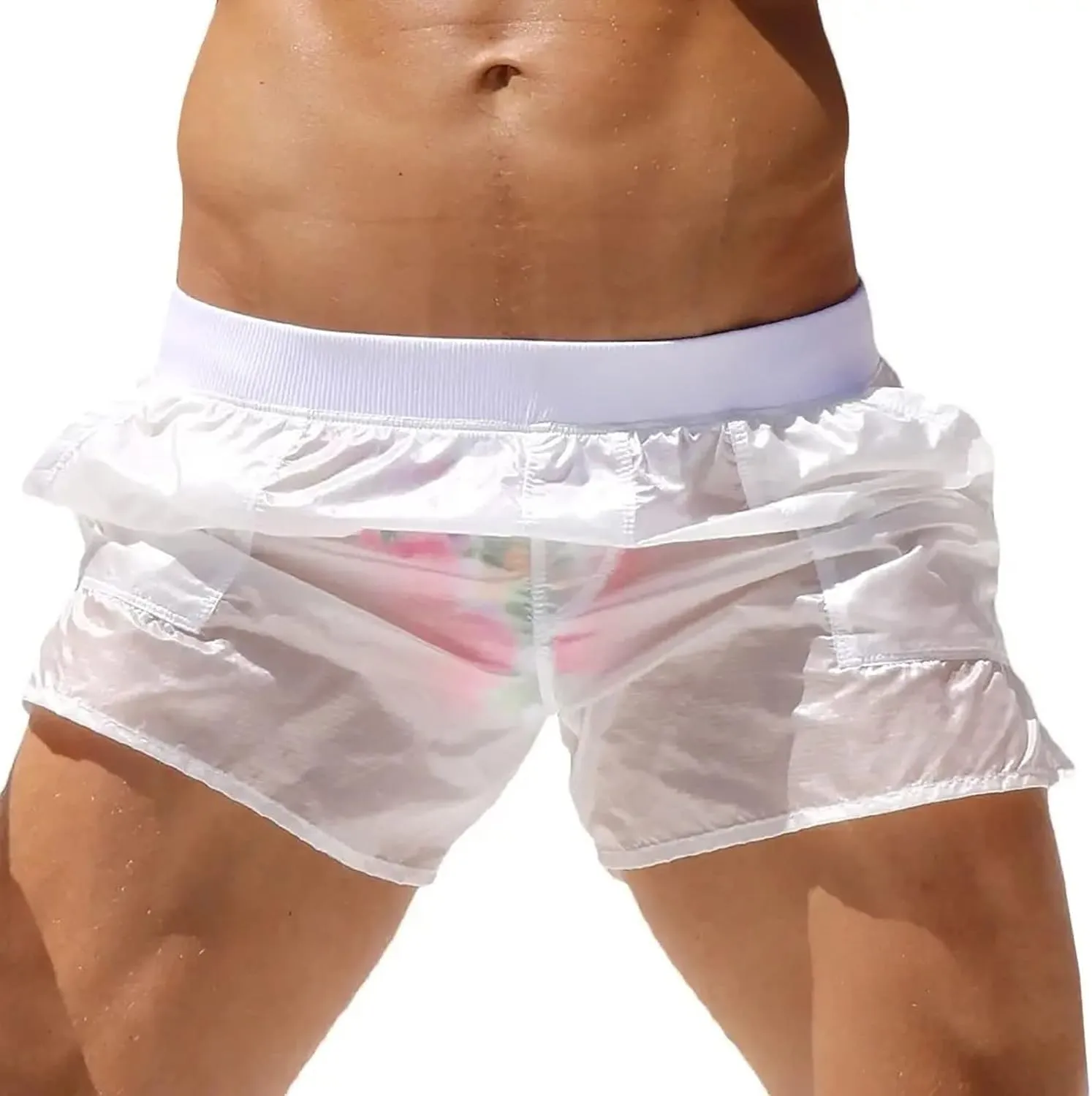 Mens Beach Shorts See Through Quick Dry Elastic Waist Swim Trunks Casual Summer Sexy Pull On Bathing Suits with Pockets