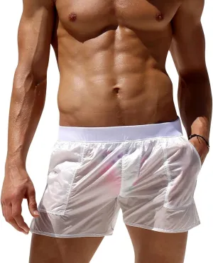 Mens Beach Shorts See Through Quick Dry Elastic Waist Swim Trunks Casual Summer Sexy Pull On Bathing Suits with Pockets
