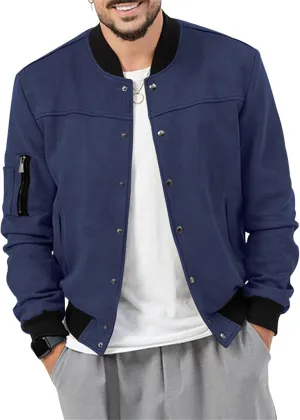 Mens Bomber Jacket Casual Varsity Jackets Long Sleeve Button Down Cardigan Vintage Faux Suede Windbreaker Coat Pockets