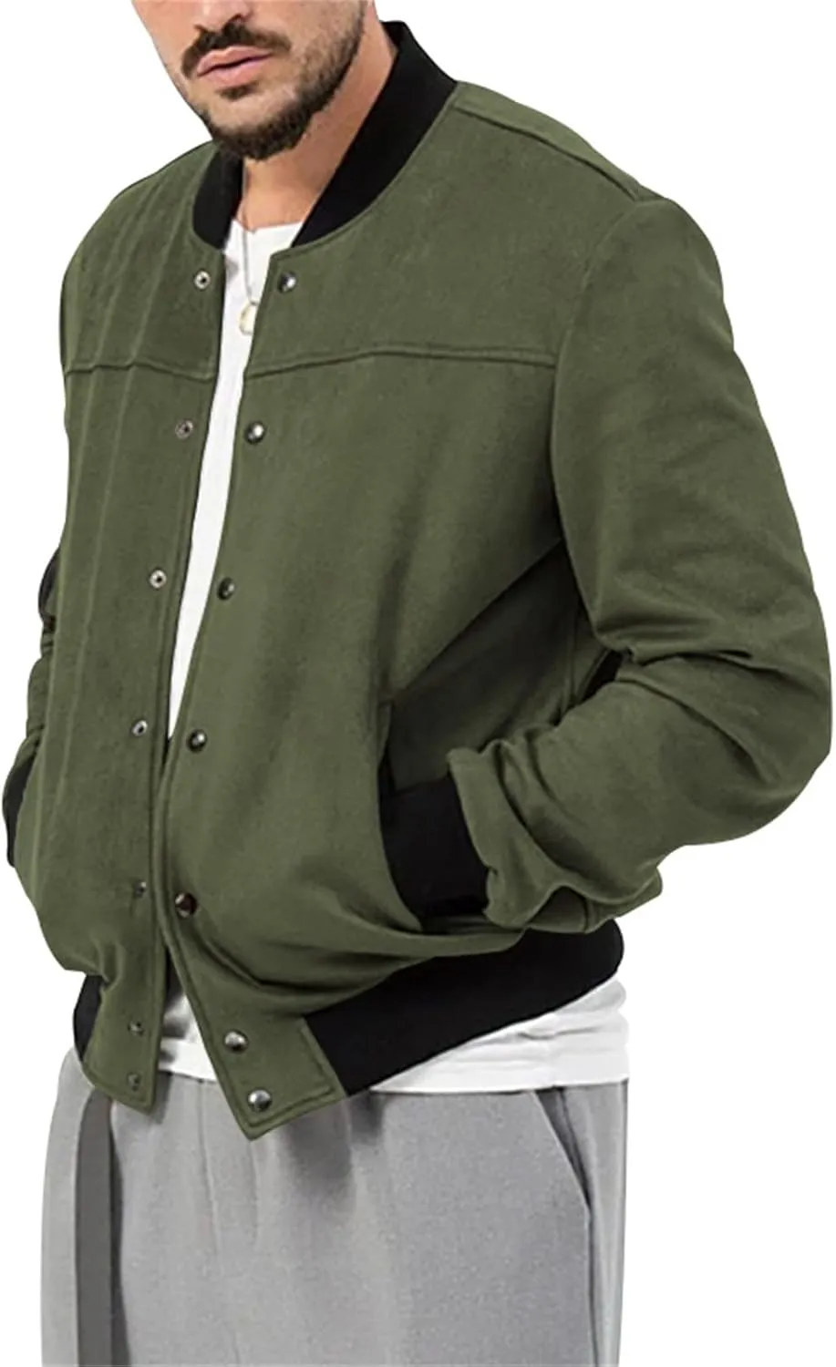 Mens Bomber Jacket Casual Varsity Jackets Long Sleeve Button Down Cardigan Vintage Faux Suede Windbreaker Coat Pockets
