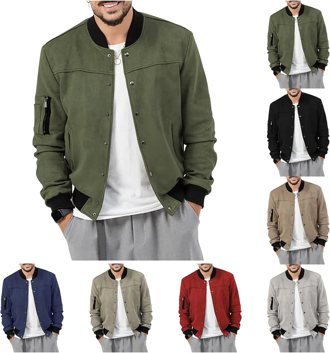 Mens Bomber Jacket Casual Varsity Jackets Long Sleeve Button Down Cardigan Vintage Faux Suede Windbreaker Coat Pockets