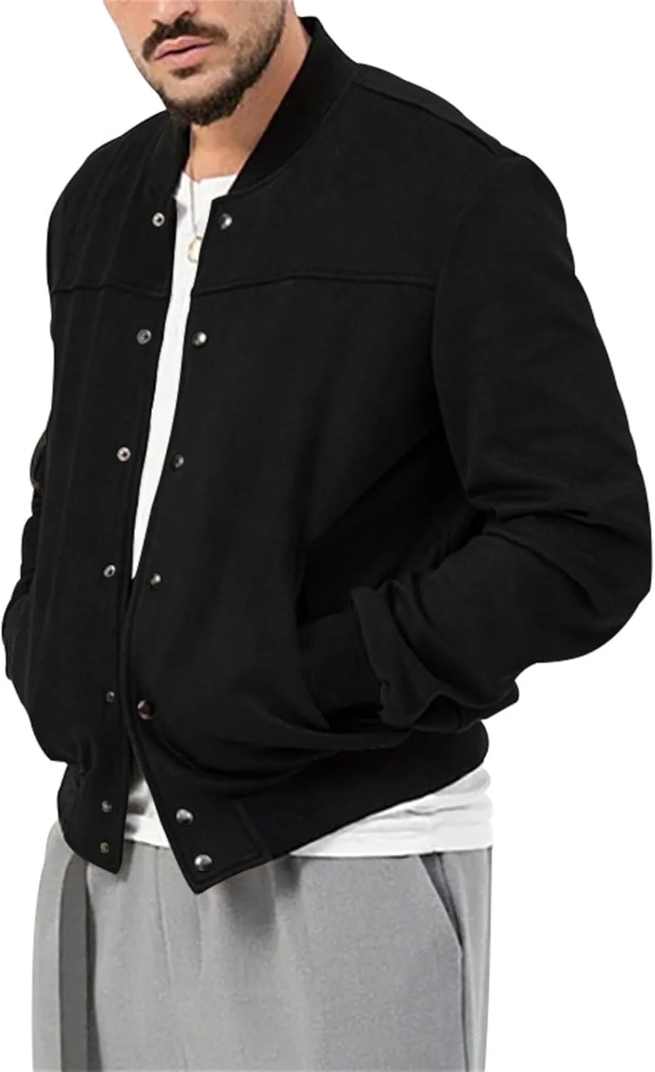 Mens Bomber Jacket Casual Varsity Jackets Long Sleeve Button Down Cardigan Vintage Faux Suede Windbreaker Coat Pockets