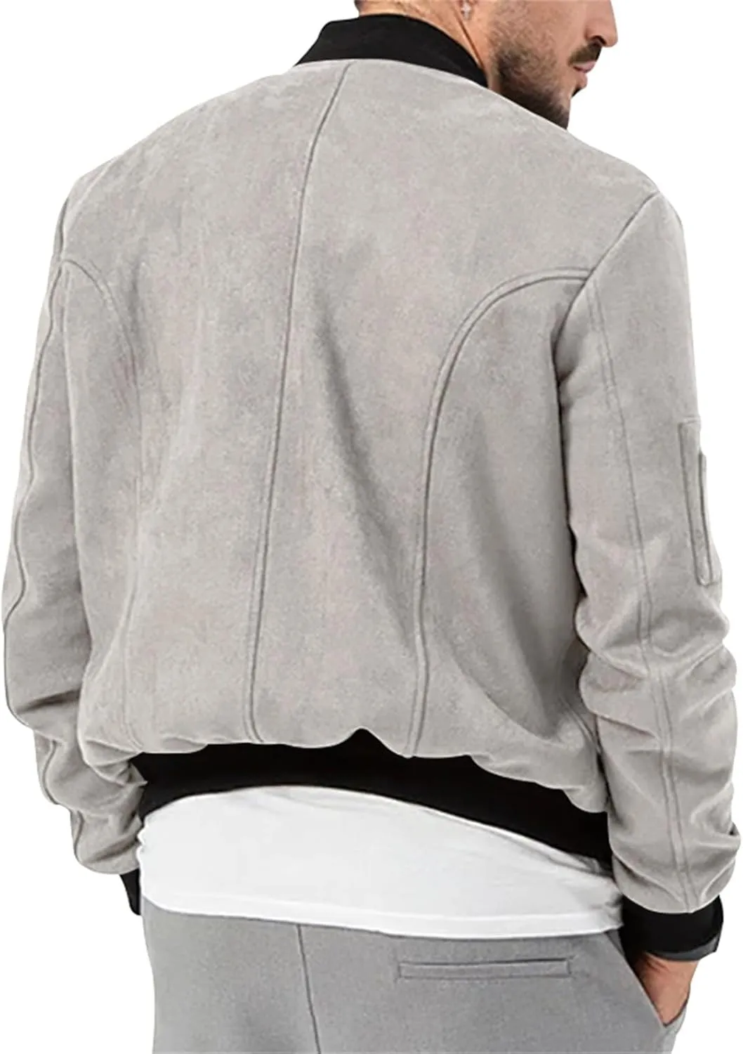 Mens Bomber Jacket Casual Varsity Jackets Long Sleeve Button Down Cardigan Vintage Faux Suede Windbreaker Coat Pockets