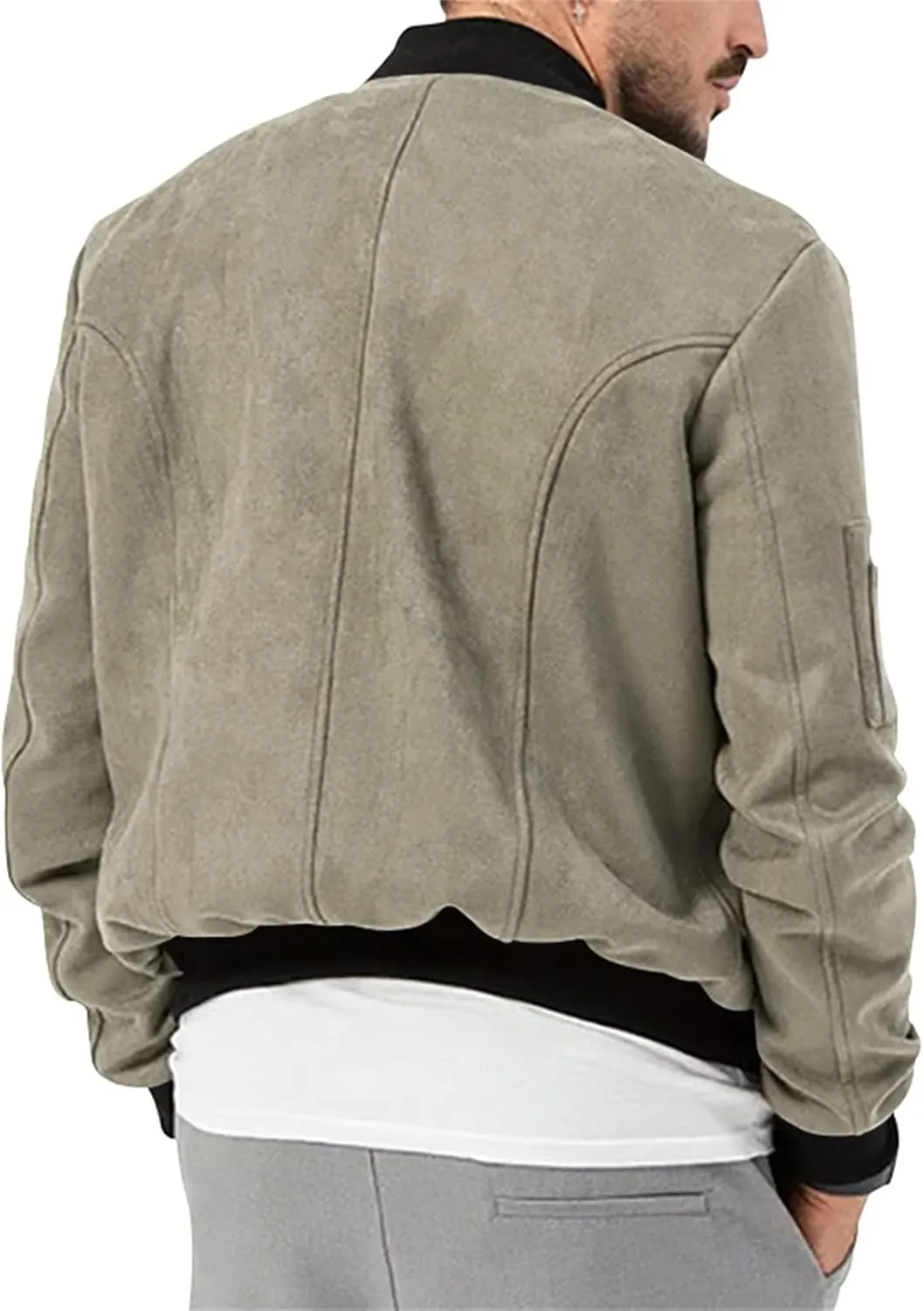 Mens Bomber Jacket Casual Varsity Jackets Long Sleeve Button Down Cardigan Vintage Faux Suede Windbreaker Coat Pockets
