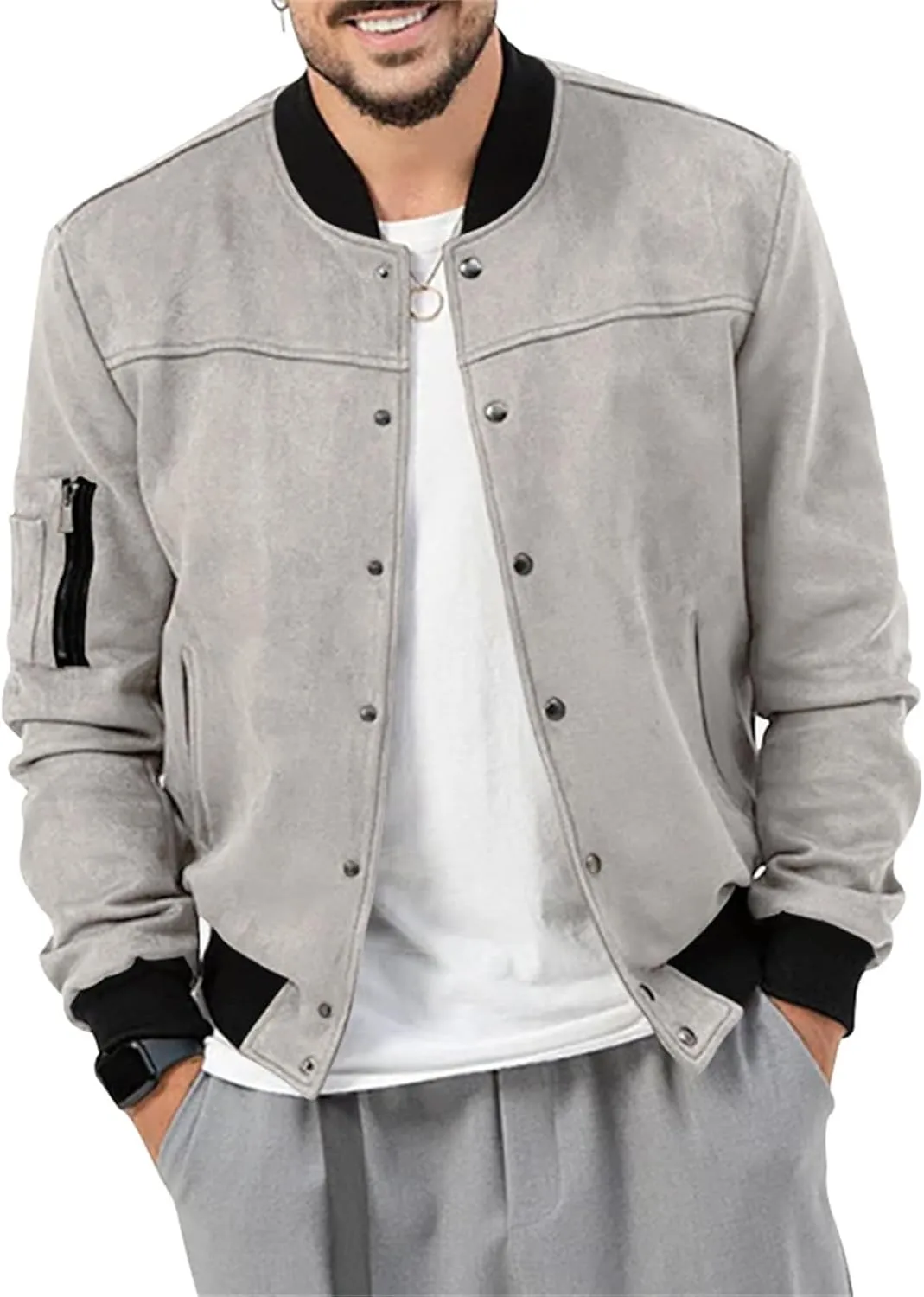 Mens Bomber Jacket Casual Varsity Jackets Long Sleeve Button Down Cardigan Vintage Faux Suede Windbreaker Coat Pockets