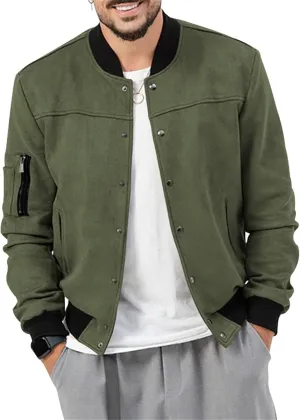 Mens Bomber Jacket Casual Varsity Jackets Long Sleeve Button Down Cardigan Vintage Faux Suede Windbreaker Coat Pockets