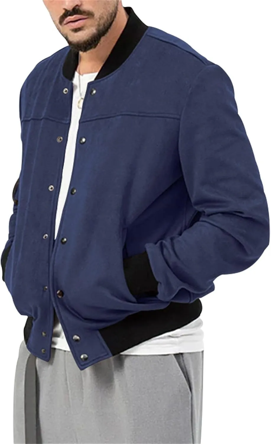 Mens Bomber Jacket Casual Varsity Jackets Long Sleeve Button Down Cardigan Vintage Faux Suede Windbreaker Coat Pockets