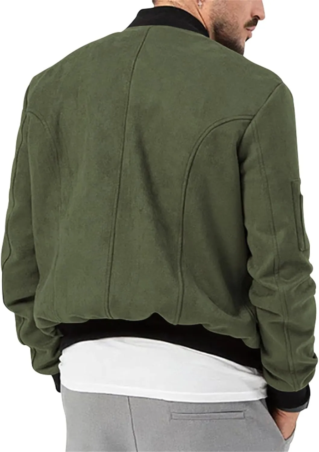 Mens Bomber Jacket Casual Varsity Jackets Long Sleeve Button Down Cardigan Vintage Faux Suede Windbreaker Coat Pockets