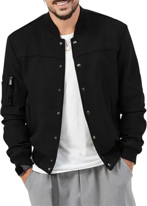 Mens Bomber Jacket Casual Varsity Jackets Long Sleeve Button Down Cardigan Vintage Faux Suede Windbreaker Coat Pockets