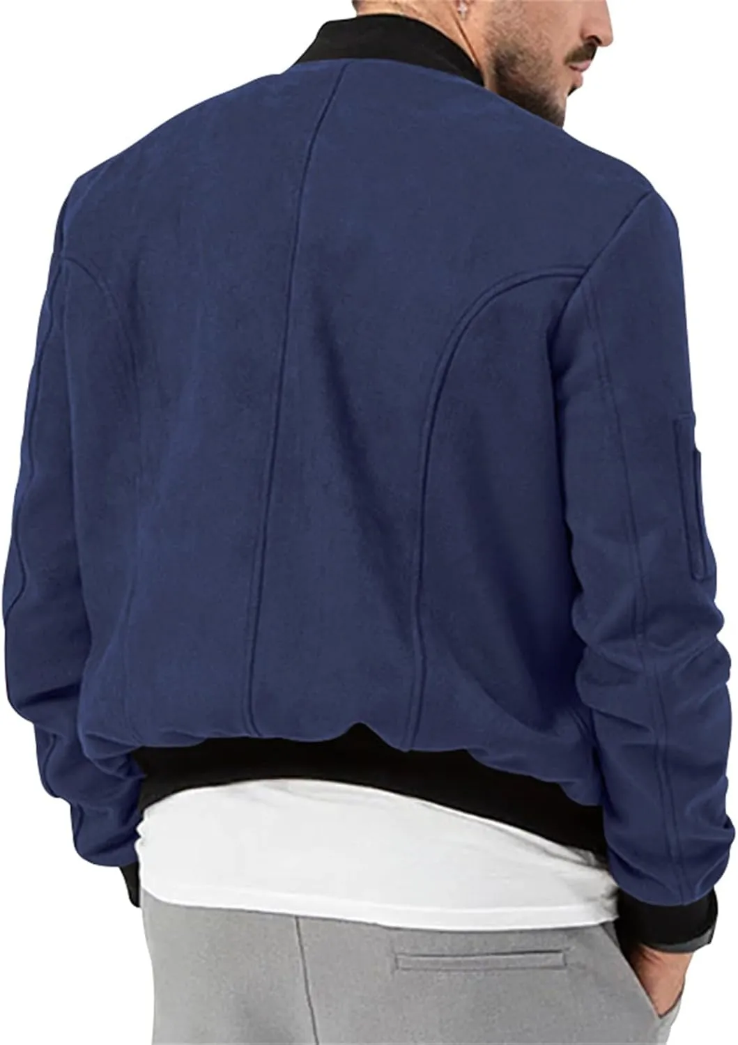 Mens Bomber Jacket Casual Varsity Jackets Long Sleeve Button Down Cardigan Vintage Faux Suede Windbreaker Coat Pockets