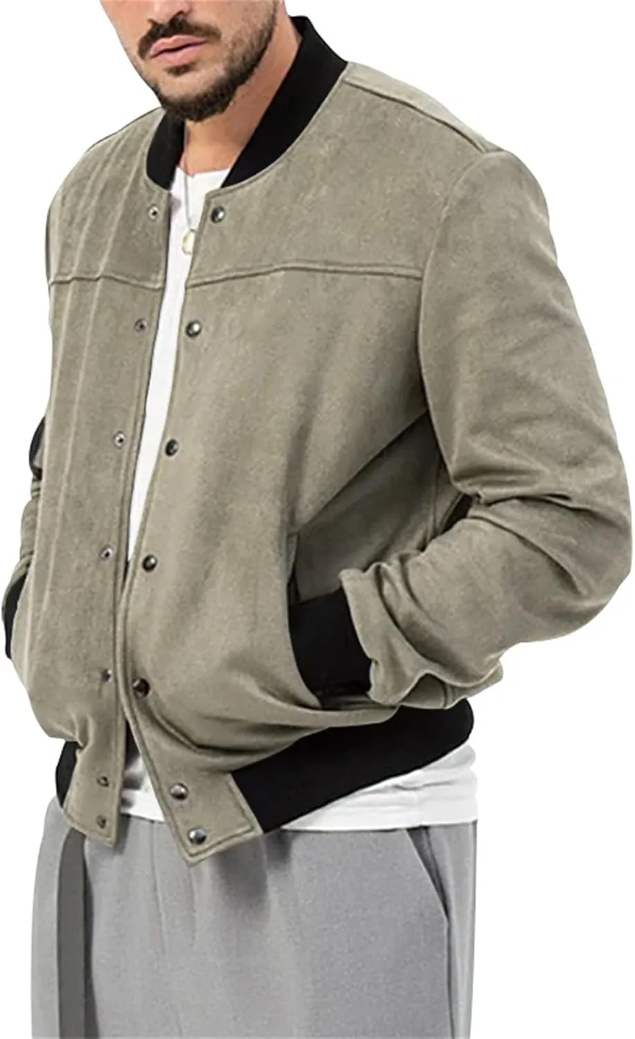 Mens Bomber Jacket Casual Varsity Jackets Long Sleeve Button Down Cardigan Vintage Faux Suede Windbreaker Coat Pockets