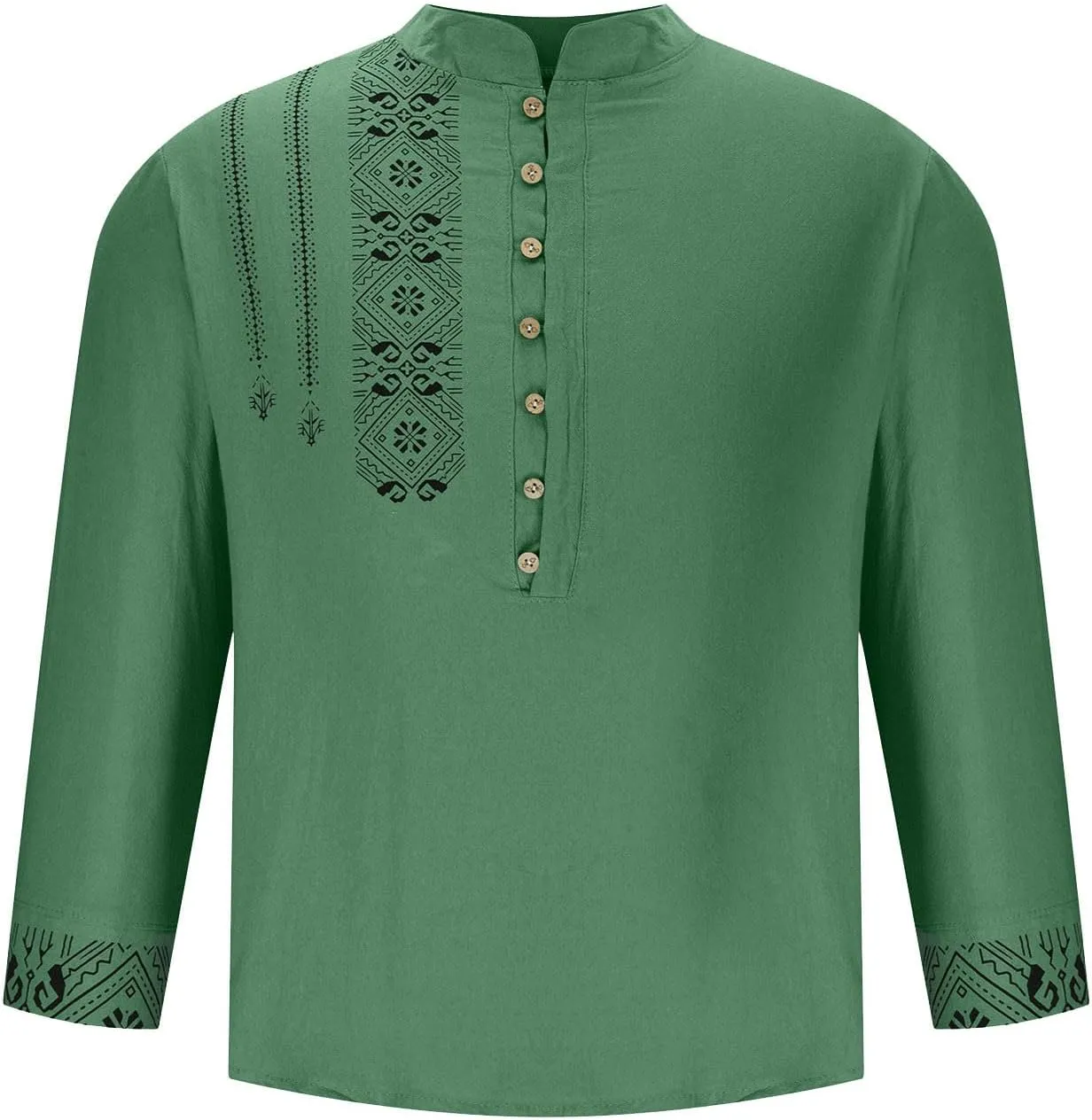 Mens Button Up Cotton Linen Henley Shirt Long Sleeve Hippie Casual African Print Tshirts Band Collar Beach Fall Tops